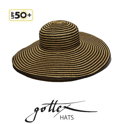 【gottex ゴテックス】つば広ハット 折りたたみ 麦わら帽子のつば広 UPF50+ /UVカット ツバ広 ストローハット　ブラック ゴールド 帽子・ハットの通販ショップ★送料無料