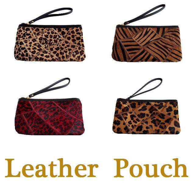 【レザーポーチ】本革/ストラップ付ポーチ/化粧ポーチ/小物いれ/アニマル柄/ヒョウ柄/ゼブラ柄/ファスナーポーチ/パッチワーク★メール便対応