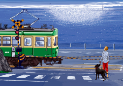 額装ジークレーイラスト「江ノ電と海と光yoko」