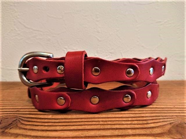 ナローベルト  レザーチェーンデザインベルト  栃木レザー【レッド】20ｍｍ  剣先40cm ロングタイプ