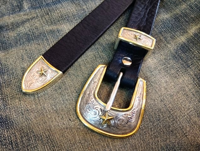 ナローベルト　栃木レザー【ブラック】25mm 【IVAN STAR WESTEN BUCKLE 3P SET】3ピースバックル付きベルト 剣先40cm ロングタイプ　カシメ留め