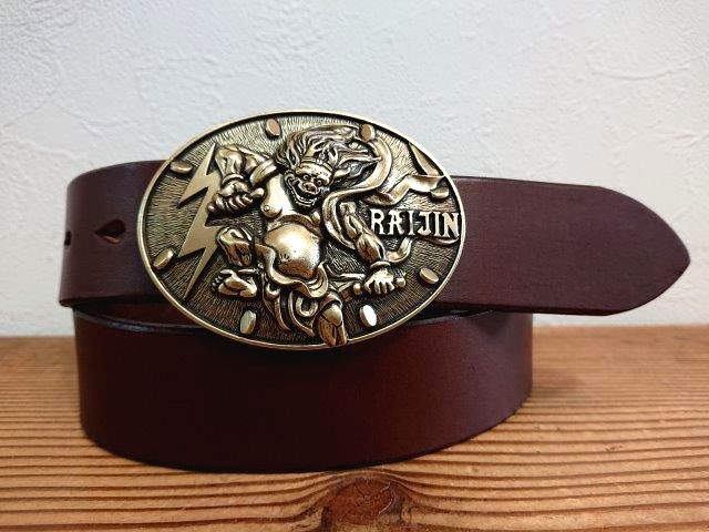 JUN COMPANYオリジナルデザイントップバックル 【雷神】 JC-003 アンティークブラス　栃木レザーベルト 　　革ベルト　40ｍｍセット