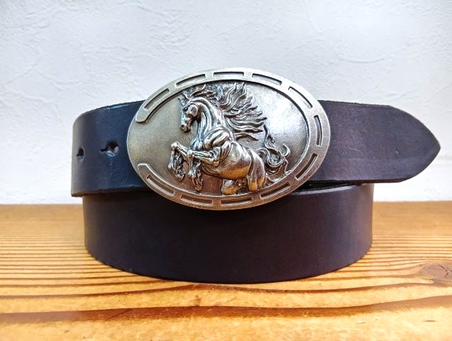 JUN COMPANYオリジナルデザイントップバックル 【暴れ馬】 JC-007 アンティークシルバー　栃木レザーベルト 　　40ｍｍセット　革ベルト