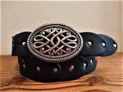 レザーチェーンデザインベルト  栃木レザー【ブラック】38ｍｍ  IVANバックル　シルバーカラー　