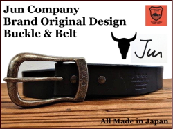JUN COMPANYオリジナルデザインバックル 太ピン帆型バックル付き栃木レザーベルト　オイル多脂革　革ベルト【ブラック】40ｍｍ