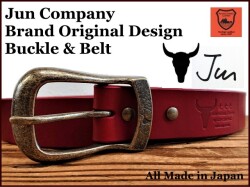 JUN COMPANYオリジナルデザインバックル 太ピン帆型バックル付き栃木レザーベルト　オイル多脂革　革ベルト【レッド】40ｍｍ