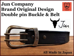 JUN COMPANYオリジナルデザインバックル 太ピン帆型ダブルピンバックル付き栃木レザーベルト　オイル多脂革　革ベルト【ブラック】40ｍｍ