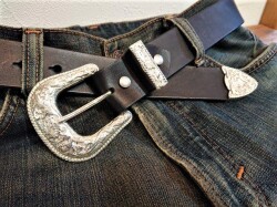 栃木レザー3ピースバックルベルト38ｍｍ【WESTEN BUCKLE 3P SET】シルバーカラー