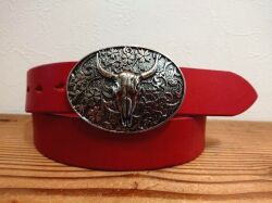 JUN COMPANYオリジナルデザイントップバックル 【桜とバッファロースカル】栃木レザーベルト　オイル多脂革　革ベルト【レッド】ベルト幅：40mm