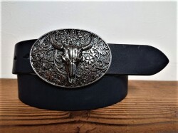 JUN COMPANYオリジナルデザイントップバックル 【桜とバッファロースカル】栃木レザーベルト　オイル多脂革　革ベルト【ブラック】ベルト幅：40mm