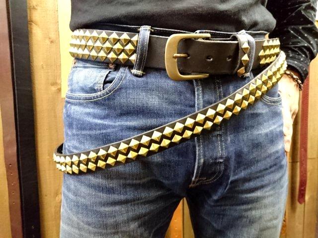 アクセサリースタッズベルト　ピラミッドスタッズ2連　【真鍮】