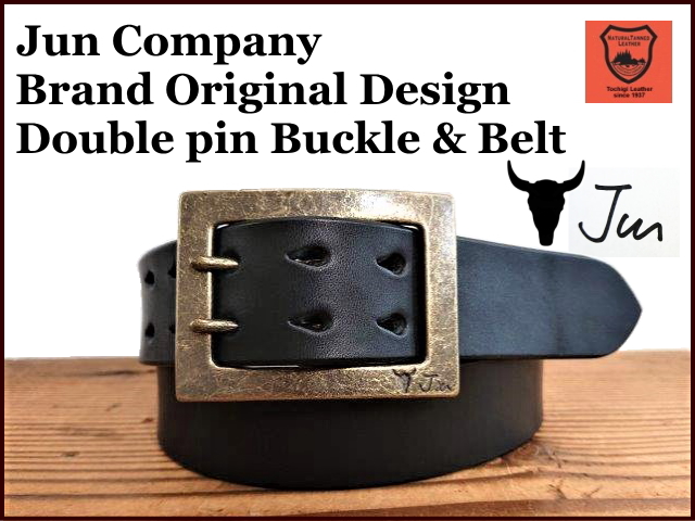 JUN COMPANYオリジナルデザイン　ダブルピンバックル付き栃木レザーベルト　革ベルトオイル多脂革　【ブラック】40ｍｍ
