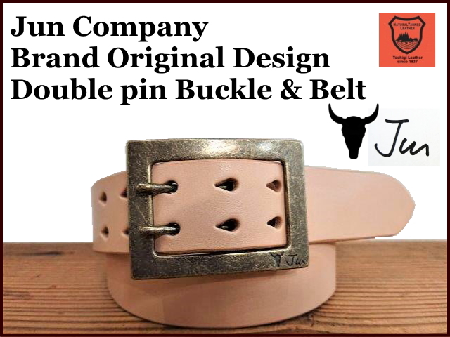 JUN COMPANYオリジナルデザイン ダブルピンバックル付き栃木レザーベルト　革ベルト【生成ナチュラル】40ｍｍ