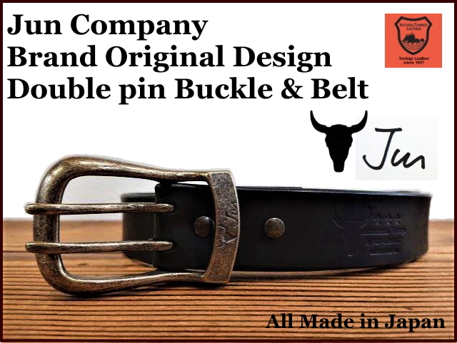JUN COMPANYオリジナルデザインバックル 太ピン帆型ダブルピンバックル付き栃木レザーベルト　オイル多脂革　革ベルト【ブラック】40ｍｍ