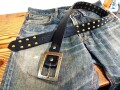 【現品限り】JUN COMPANYオリジナルデザインバックル付き ウィケットオイルレザーカシメスタッズベルト　アンティークブラススタッズ　【ブラック】38ｍｍ