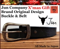 X'masギフト限定！メンテナンス用レザーオイル付き   JUN COMPANYオリジナルデザインバックル 太ピン帆型バックル付き栃木レザーベルト　オイル多脂革　革ベルト【ブラック】40ｍｍ