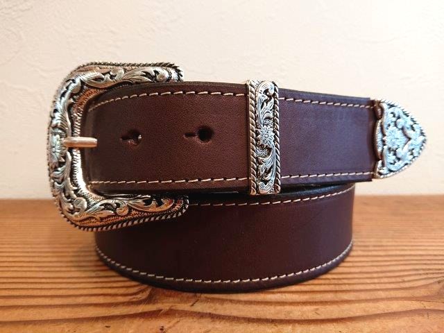 栃木レザー3ピースバックルベルト 【チョコレートブラウン】革ベルト38ｍｍ【WESTEN BUCKLE 3P SET】ステッチ加工