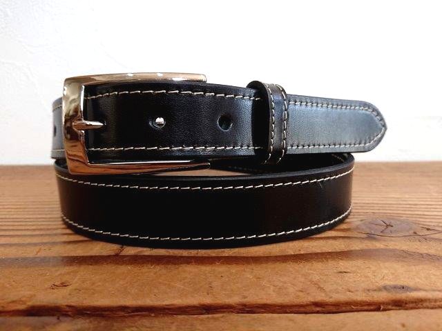 栃木レザーベルト【ブラック】デザインステッチベルト／ビジネス＆カジュアルベルト【帆型タイプバックル】30ｍｍ　受注制作商品