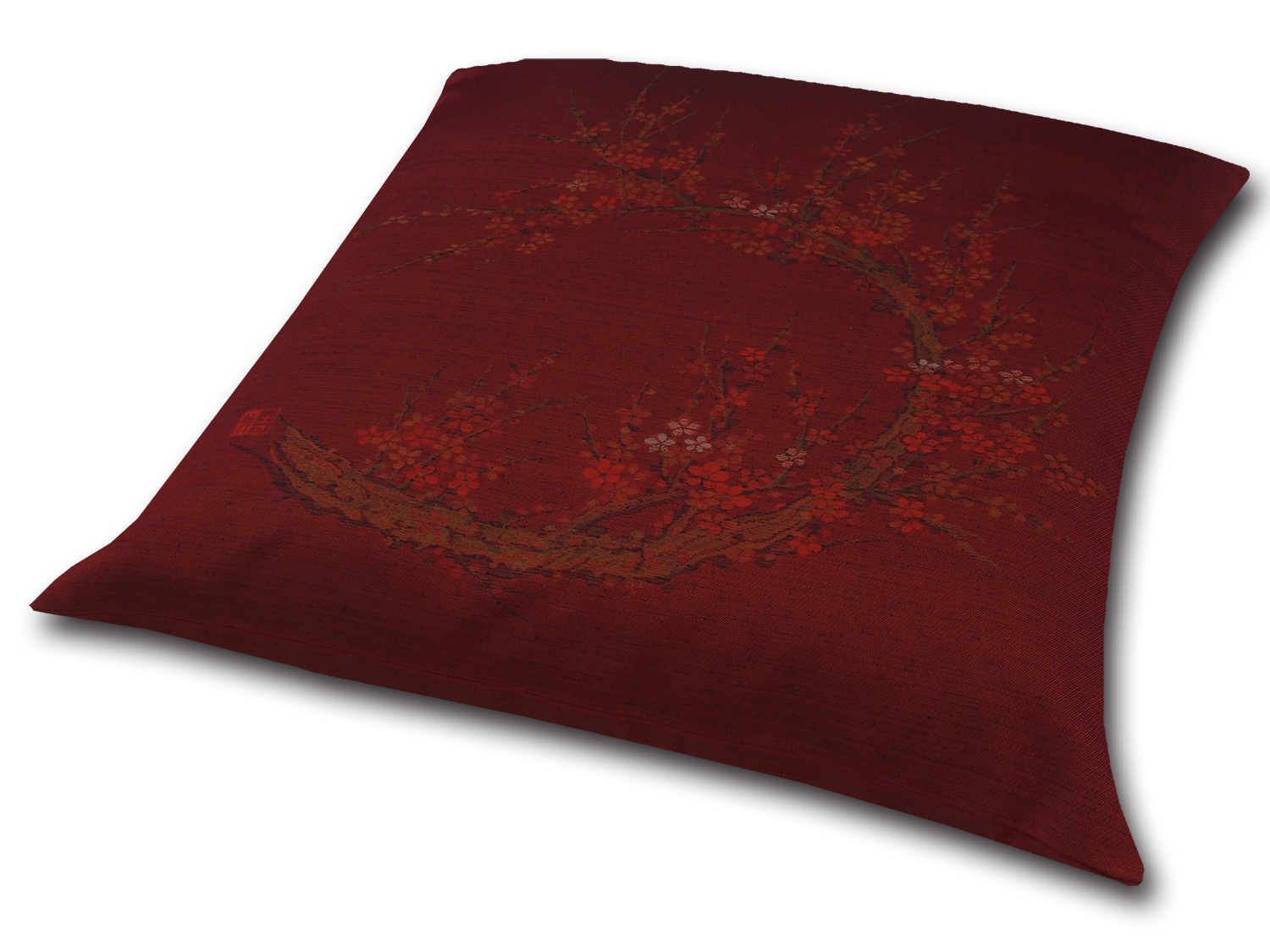 ■業務用座布団専門店【十人色彩】紬（つむぎ）織り座布団カバー■熟練職人の匠■絹交絵羽織「梅の木」赤 EBA-KINU08a