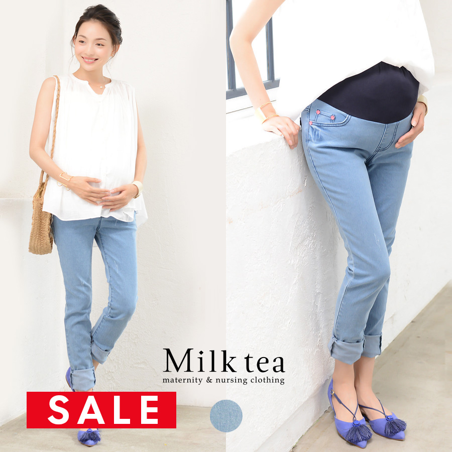 SALE 【13時までのご注文で即日発送対象】 ＜マタニティパンツ＞スーパーストレッチ・ボーイフレンドデニムパンツ 【B】【ボトムスまとめ割引対象】※別途イベント開催時は対象外