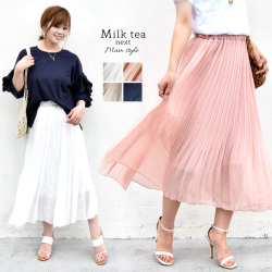 Milk tea next＞シフォンプリーツ・ロングスカート（ウエストゴムで 