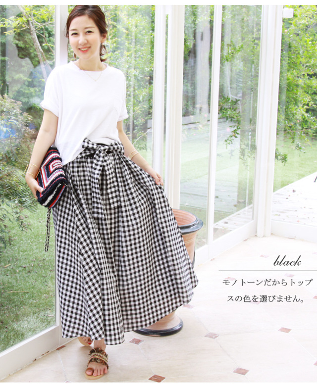 マタニティスカート ギンガムチェック リボン ビューティマキシスカート 綿100 産前産後ok