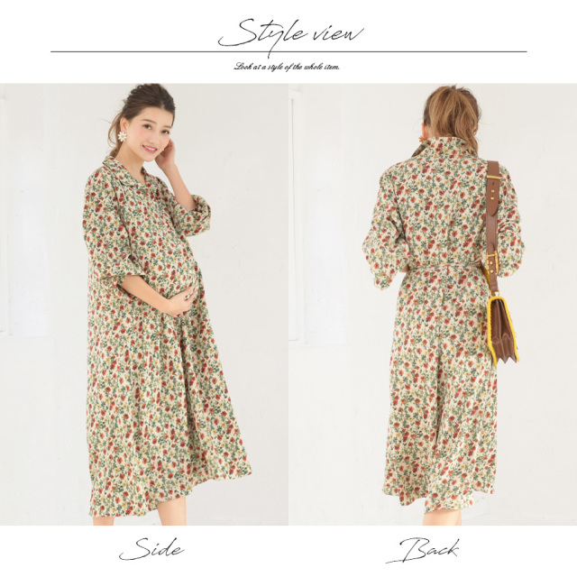 授乳服 マタニティ ヴィンテージ風3wayフラワーワンピース ボタンタイプの授乳口 ワンピース ロングジャケット