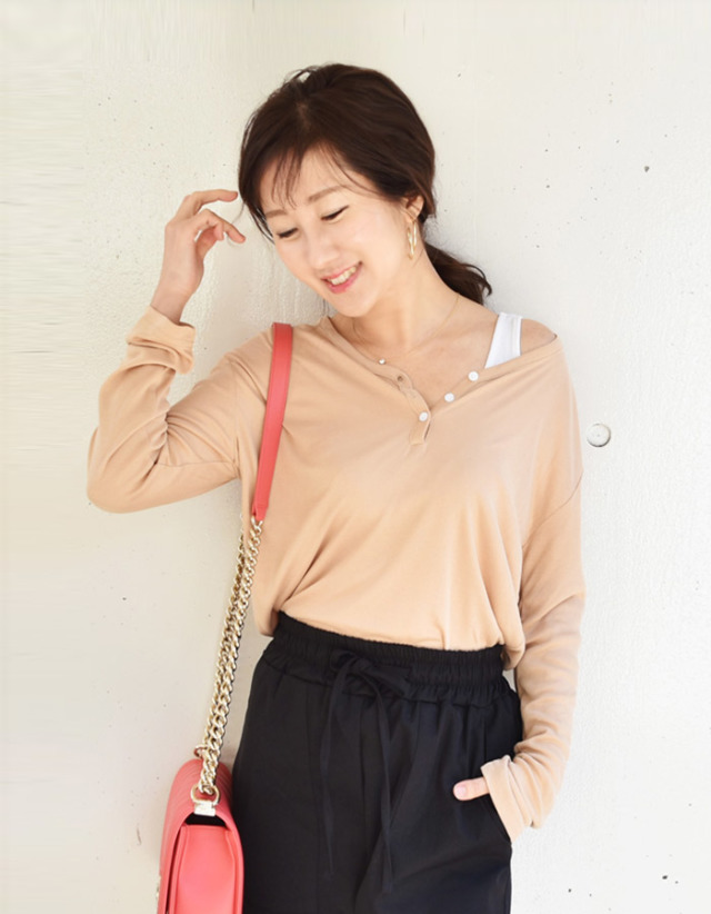 Vネックヘンリー・レーヨンリブTシャツ