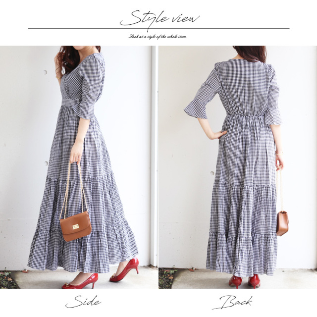 授乳服 ニーナ ギンガムチェックマキシワンピース カシュクールタイプの授乳口