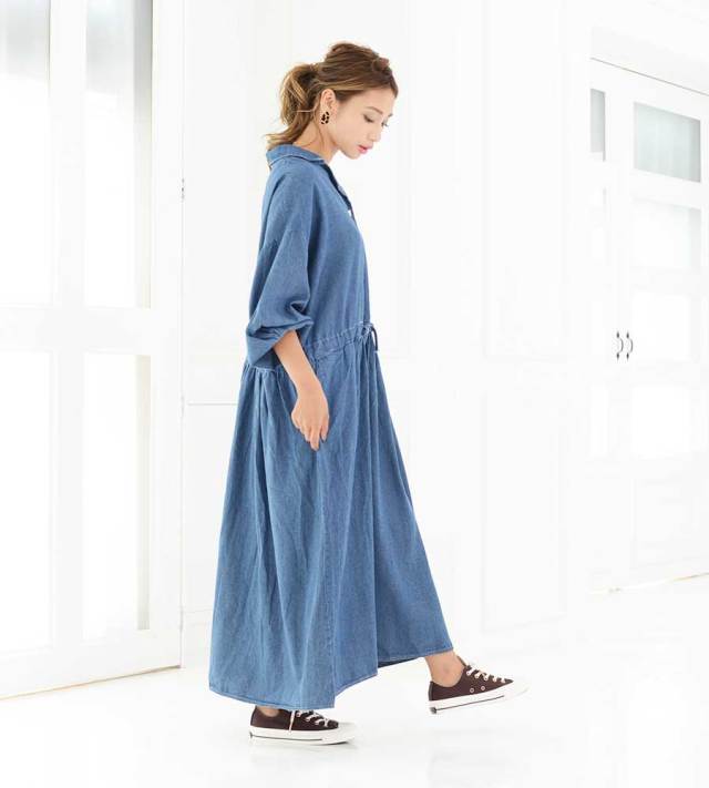 授乳服 マタニティ コットン100 2wayデニムシャツワンピース ボタンタイプの授乳口