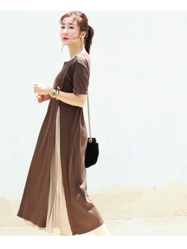 Milk tea サイドプリーツワンピース　マタニティ 授乳服・マタニティ＞ミュシャ・サイドプリーツワンピース