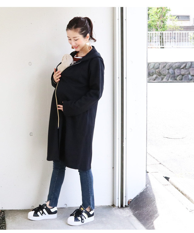 マタニティ・ママコート＞前抱っこ対応！落ち感綺麗なフーテッド