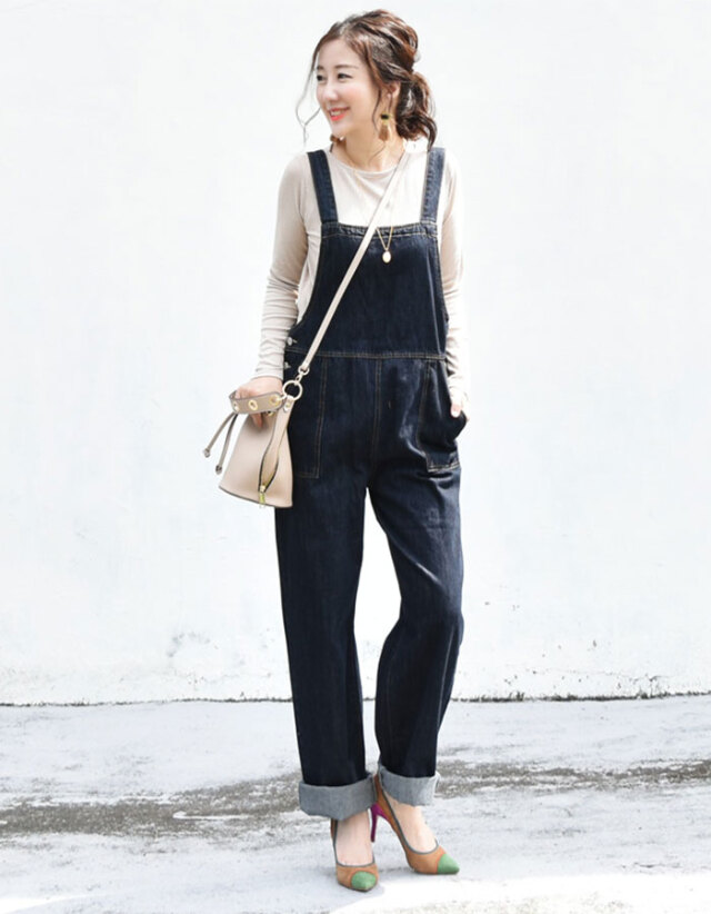 落ち感綺麗！シルバーボタンデニムサロペット