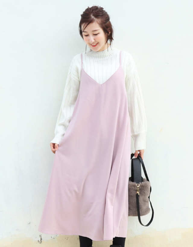 着まわし上手なちくちくしないリブニットトップス＋つるんとキャミワンピース2点セット