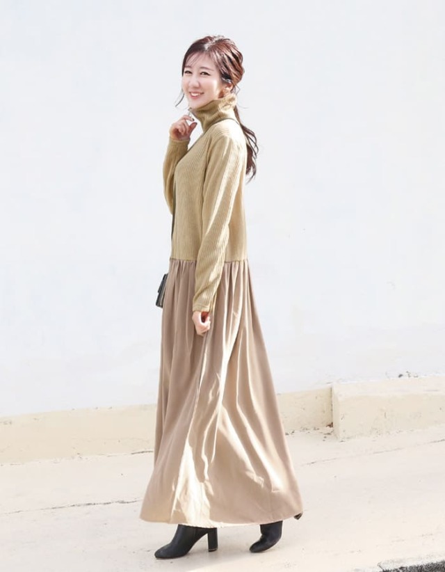 ロージー・ハイネックリブ異素材コンビギャザーワンピース