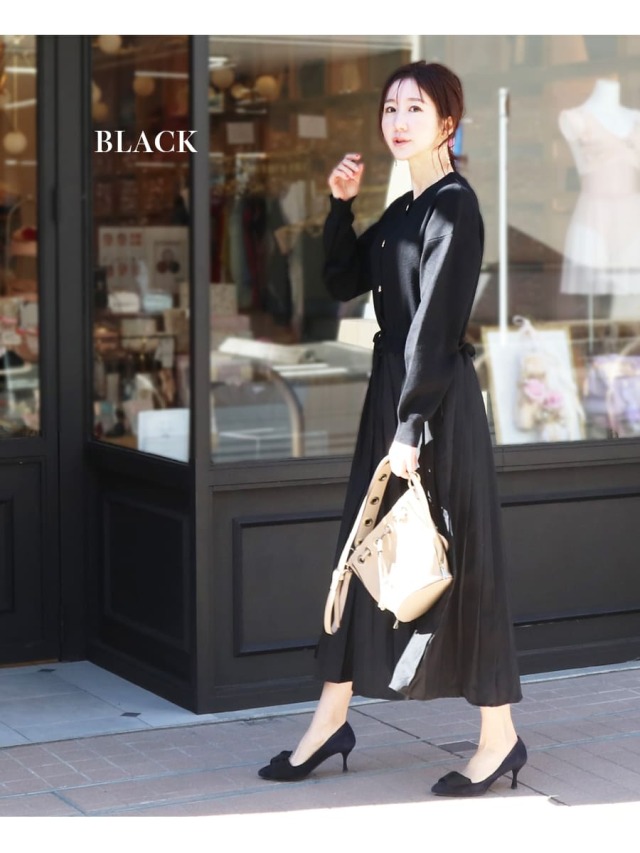 授乳服・マタニティウエア＞ニットゴールドボタン・異素材プリーツ