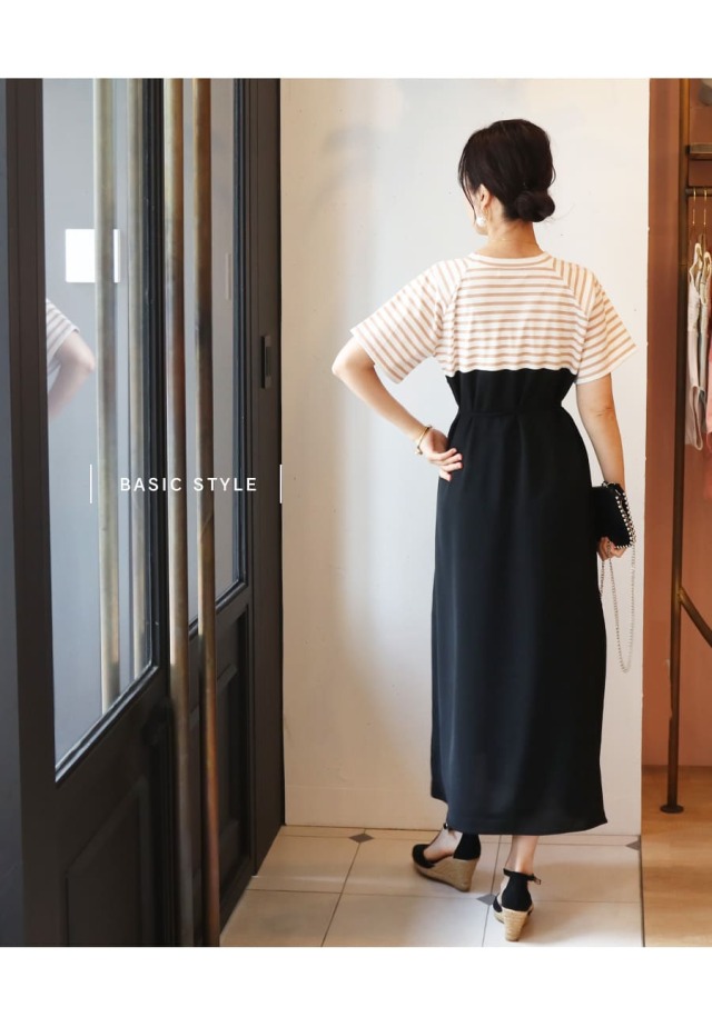 マタニティ袖ボリュームボーダーワンピース SALE マタニティ 服 授乳服 ドロシー・ボーダー切り替えウエスト