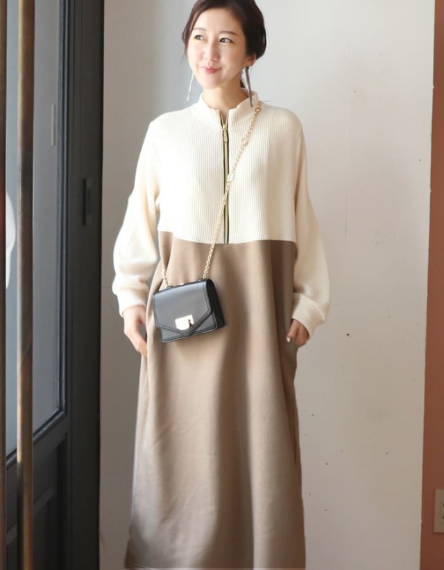 授乳がしやすい「あて布付き授乳口」ソエル・裏起毛＆異素材バイカラーニットワンピース