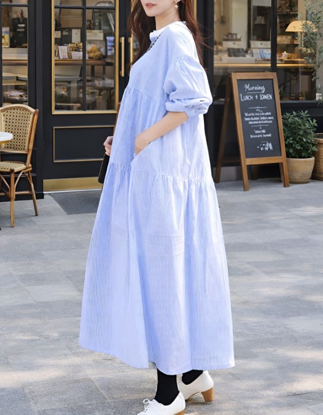 ＜授乳服・マタニティ＞ストライプティアードワンピース