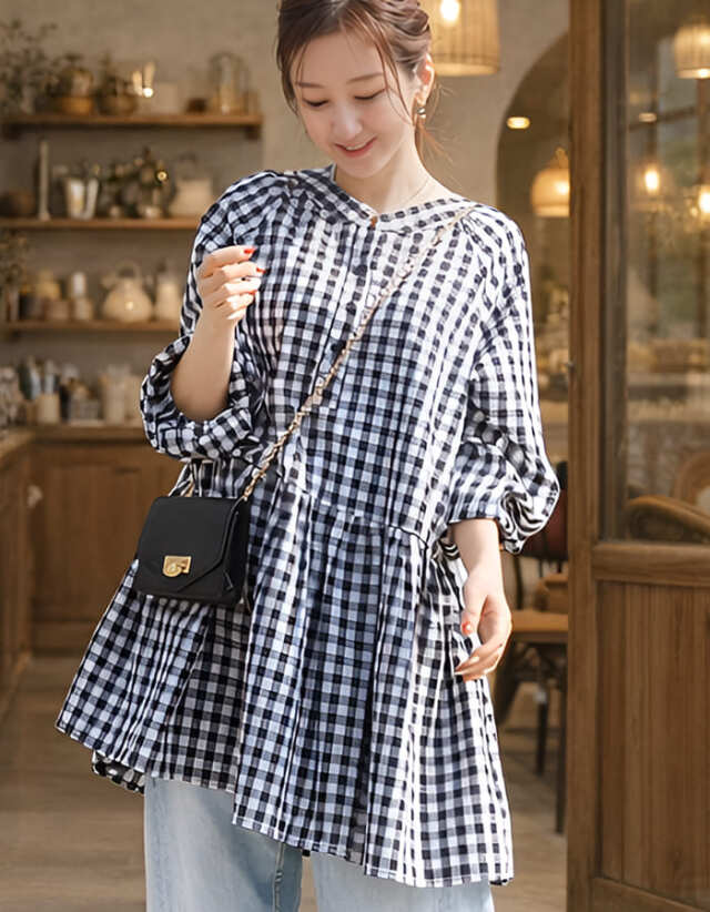 ＜授乳服・マタニティウエア＞ジェーン・綿100％ギンガムギャザーミニワンピース