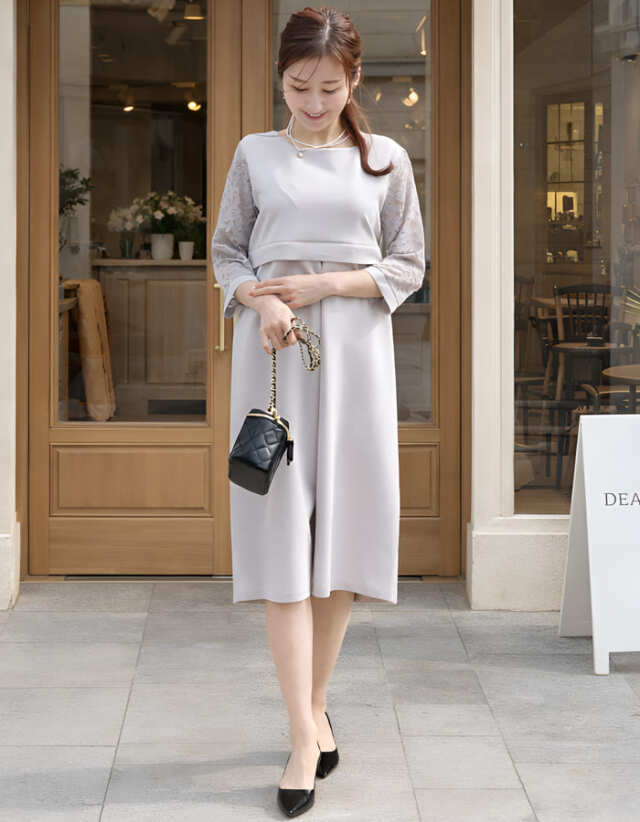 クレア・ストレッチレース袖切り替えエレガントワンピース