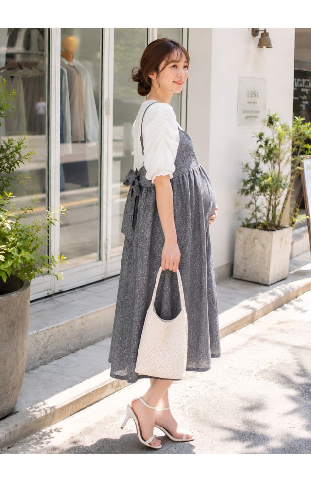 授乳服・マタニティウエア＞シャーリング袖トップス＋ツイードリボン