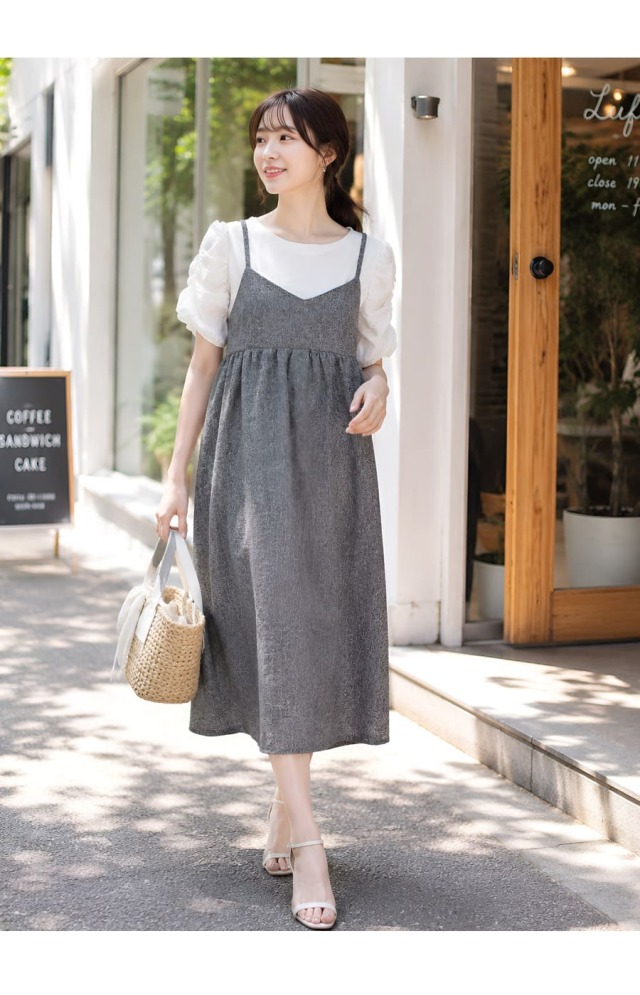 授乳服・マタニティウエア＞シャーリング袖トップス＋ツイードリボン