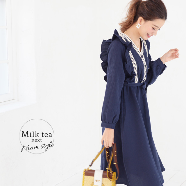 Milk Tea Next コットンガーゼ フリル リボンワンピース