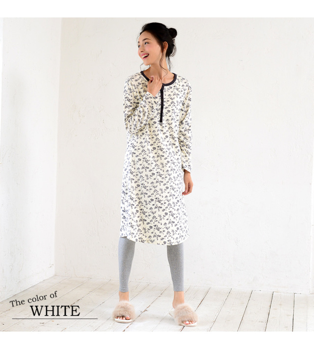 授乳服 マタニティ フローラル長袖マキシ丈ナイティ