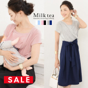 SALE 【13時までのご注文で即日発送対象】 ＜授乳服・マタニティウエア＞キャシー・リボン（当て布タイプの授乳口）ワンピース フォーマル オケージョン ドレス Milk tea