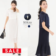 SALE 【13時までのご注文で即日発送対象】 ＜授乳服・マタニティ＞サテン＆プリーツ・リッチワンピース（ジッパータイプ）