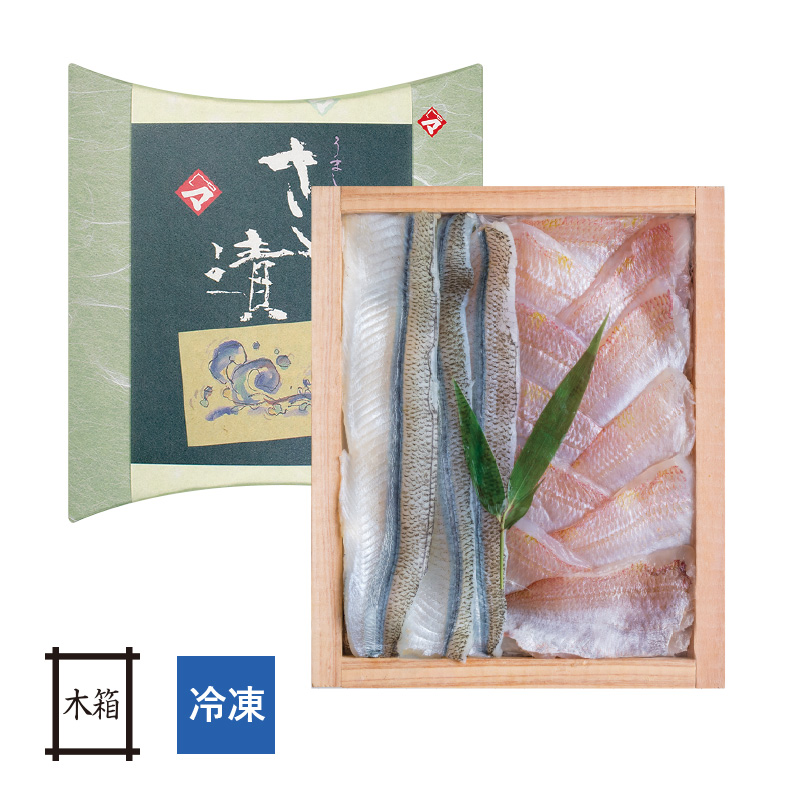 【冷凍】2種類の笹漬け詰め合わせ （小鯛・さより） 井桁木箱入り 1個[_212012_]