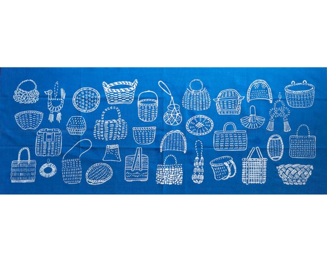 かご手ぬぐい -日本のかご・青-