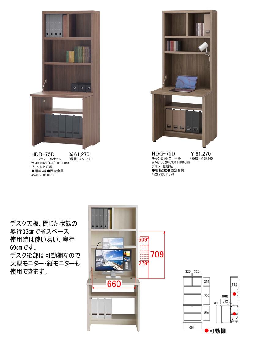 ライティングデスク リビング用PCデスク GRACE 2　ウォールナット 幅74.3cm 奥行32.9cm 高さ180cm
